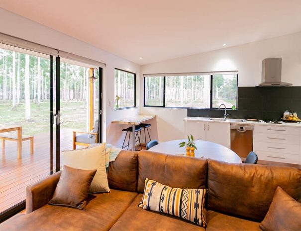 Living room at Tree Chalets. There is an l-shaped sofa with cushions, a breakfast bar with stools in front of a picture window. The kitchen has a sink, dishwasher, rangehood and gas cooktop. There is a small dining table with 2 chairs. The room has large floor to ceiling windows.