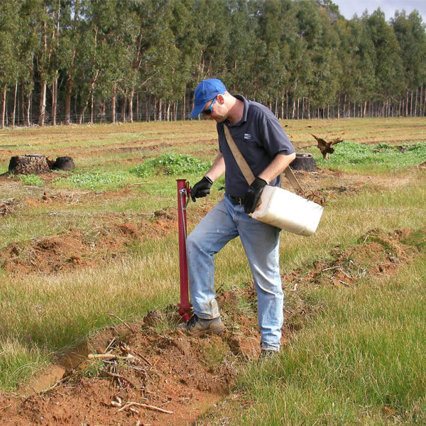 Owner Andrew Robinson in the field planting the first Rosegum tree. He is using a special planting pole called a pokaputi. He has a plastic container attached to his hip which holds all of the tree saplings to be placed into the pokaputi pole to be planted.