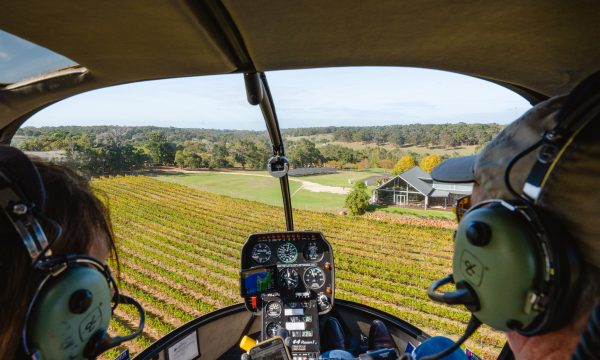 Image taken inside the helicopter. The pilot and passenger are wearing headsets and looking at the view of the vineyards from the front window of the helicopter.