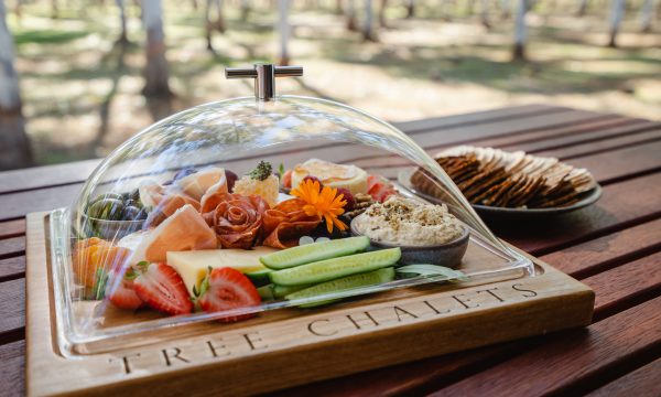 Image 12: A close up image of the Tree Chalets grazing board with the Rosegum plantation in the background. The Grazer has a see through plastic lid on. Some of the food items include cucumber, strawberries, meat, cheese and dip.